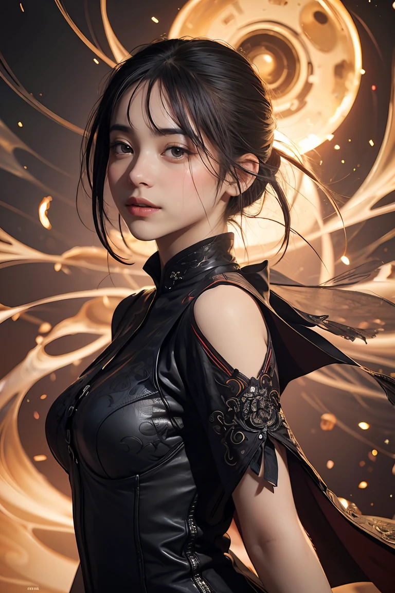 ((masterpiece, best quality)), ultra detailed 8k, photorealistic, sharp focus, highly detailed, professional lighting , shadowmancer, photo of a woman, ink particle, ((swirling black ink floating around)), futuristic fantasy, futuristic black dress, dynamic pose, realistic, masterpiece, intricate details, detailed background, depth of field, 