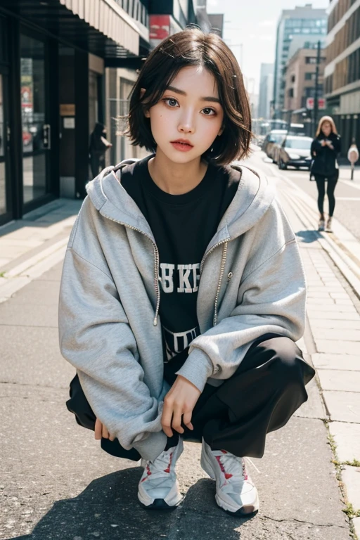 closeup shot , Best picture quality (8K, high resolution, Masterpiece: 1.2), super detailed, 215 Short Hair, -yeld wo,
situation: A scene showing off the latest street fashion in the city
clothing: Trendy streetwear(Oversized jackets、Sweat pants、sneakers)。Accessories are stylish t
angle: Against the backdrop of a cityscape、A front shot of a person posing on the sidewalk。Close-ups of specific items to highlight fashion details。
Close-up of face
, random cute pose ,big eyes ,Puffy eyes ,