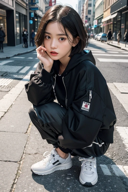 closeup shot , Best picture quality (8K, high resolution, Masterpiece: 1.2), super detailed,  215 Short Hair, -yeld wo, 
situation: A scene showing off the latest street fashion in the city 
clothing: Trendy streetwear（Oversized jackets、Sweat pants、sneakers）。Accessories are stylish t
angle: Against the backdrop of a cityscape、A front shot of a person posing on the sidewalk。Close-ups of specific items to highlight fashion details。
Close-up of face 
, random cute pose ,big eyes ,Puffy eyes ,  
