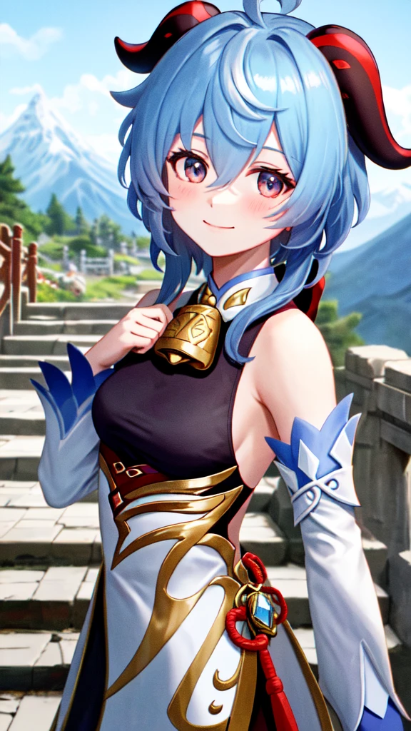 ganyudef, upper body, smile, blush, outdoors, day, simple background, blue sky, short hair, sky, temple, looking at viewer, stairs, mountain, moody lighting,
