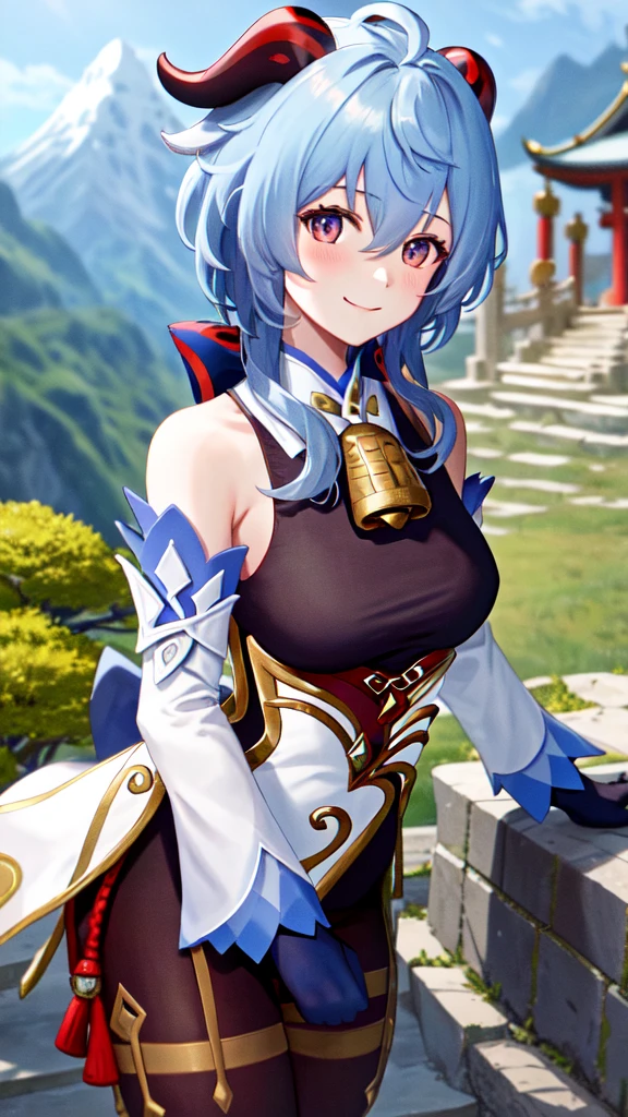 ganyudef, upper body, smile, blush, outdoors, day, simple background, blue sky, short hair, sky, temple, looking at viewer, stairs, mountain, moody lighting,