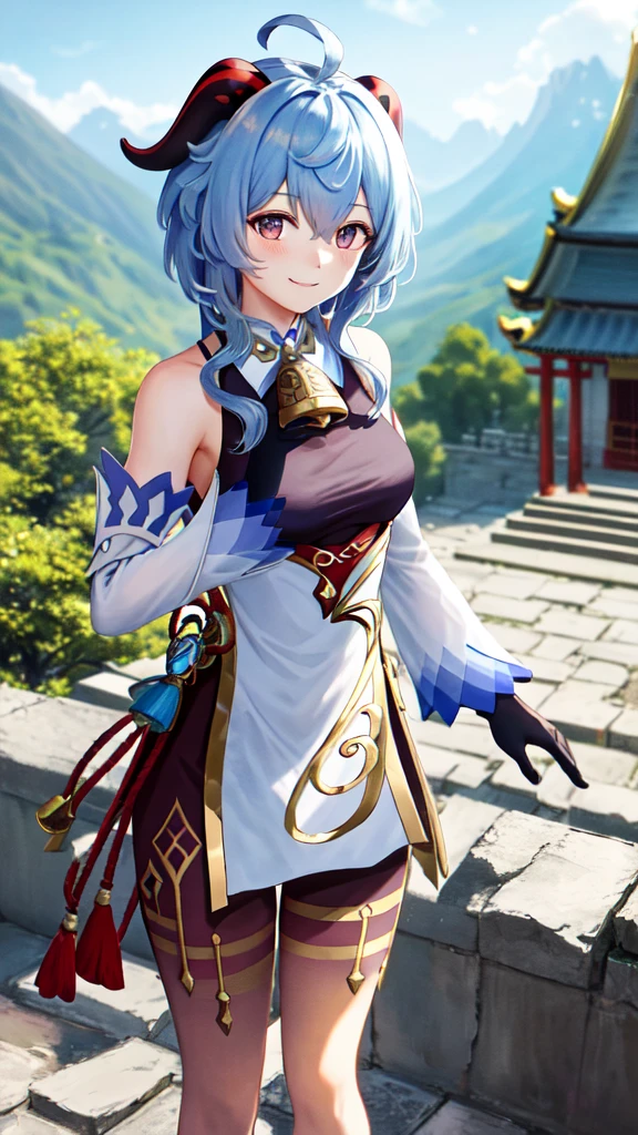 ganyudef, upper body, smile, blush, outdoors, day, simple background, blue sky, short hair, sky, temple, looking at viewer, stairs, mountain, moody lighting,