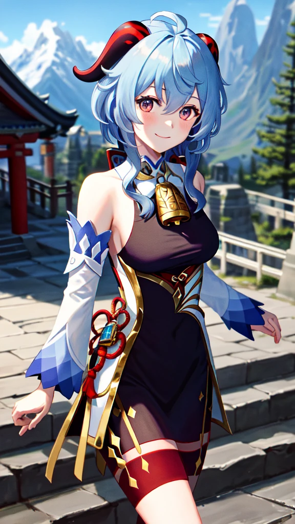 ganyudef, upper body, smile, blush, outdoors, day, simple background, blue sky, short hair, sky, temple, looking at viewer, stairs, mountain, moody lighting,