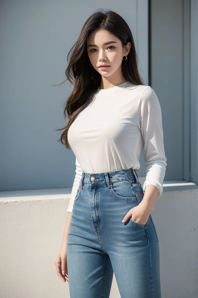 ((best quality)), ((masterpiece)), (detailed), Perfect face Show that person wearing flare jeans. High waist flare jeans.
