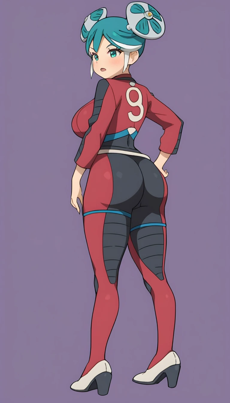 Sarada Uchiha, standing, back, tight shorts, huge and enormous ass, thick and round back cheeks, big breasts, short black hair, black eyes, forehead protector, bottom view, looking at the viewer, 