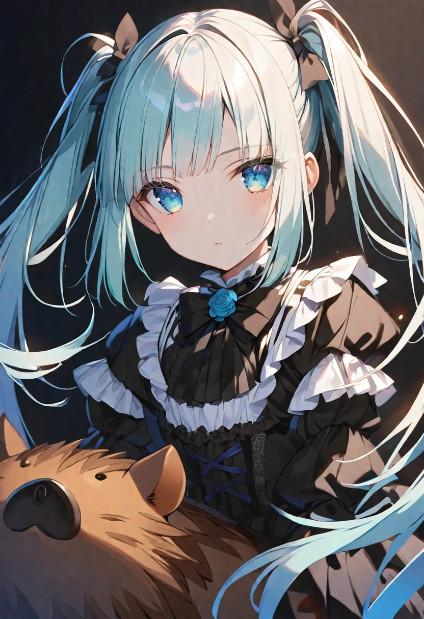 solo, handsome, Glossy feel,
1. Female,
Hime cut,Straight Hair, Twin tails,
Light blue hair,
Nakano Yotsuba,
Blue Eyes,Soft look,beautiful,beautiful,Sexy,
Darkness,ta Fashion,boar,boar 角,
skin,Alluring,
black background,