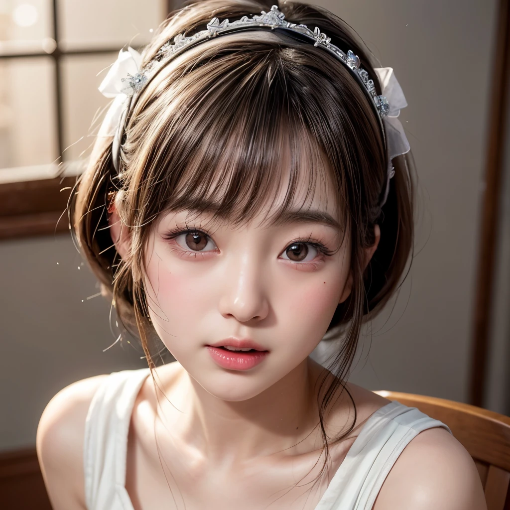 NSFW, 8k, High-level, absurd, masterpiece, best quality, primitive, very detailed CG, very detailed wallpaper, perfect lighting, Extremely detailed (((The personifying " Setsuko Hara " as a Little Girl))), MysticSight, Tyndall effect, Tyndall scattering, Studio gray background with (many Dazzling RainbowColor particles BokeH:1.28), (RoundlyButts, ThighGap), (Exposed:0.4), (Assfocus with looking ahead), BREAK (NOGIZAKA face variations) Extremely Detailed very KAWAII face variations, perfect anatomy, Childish, captivating gaze, elaborate detailed Eyes with (sparkling highlights:1.28), long eyelashes、Glossy RED Lips with beautiful details, Coquettish tongue, Rosy cheeks, Radiant PearlSkin with clear transparency . { (Dynamic LifeLike expressions:1.4) | :d) }, (large eyes:-1) .