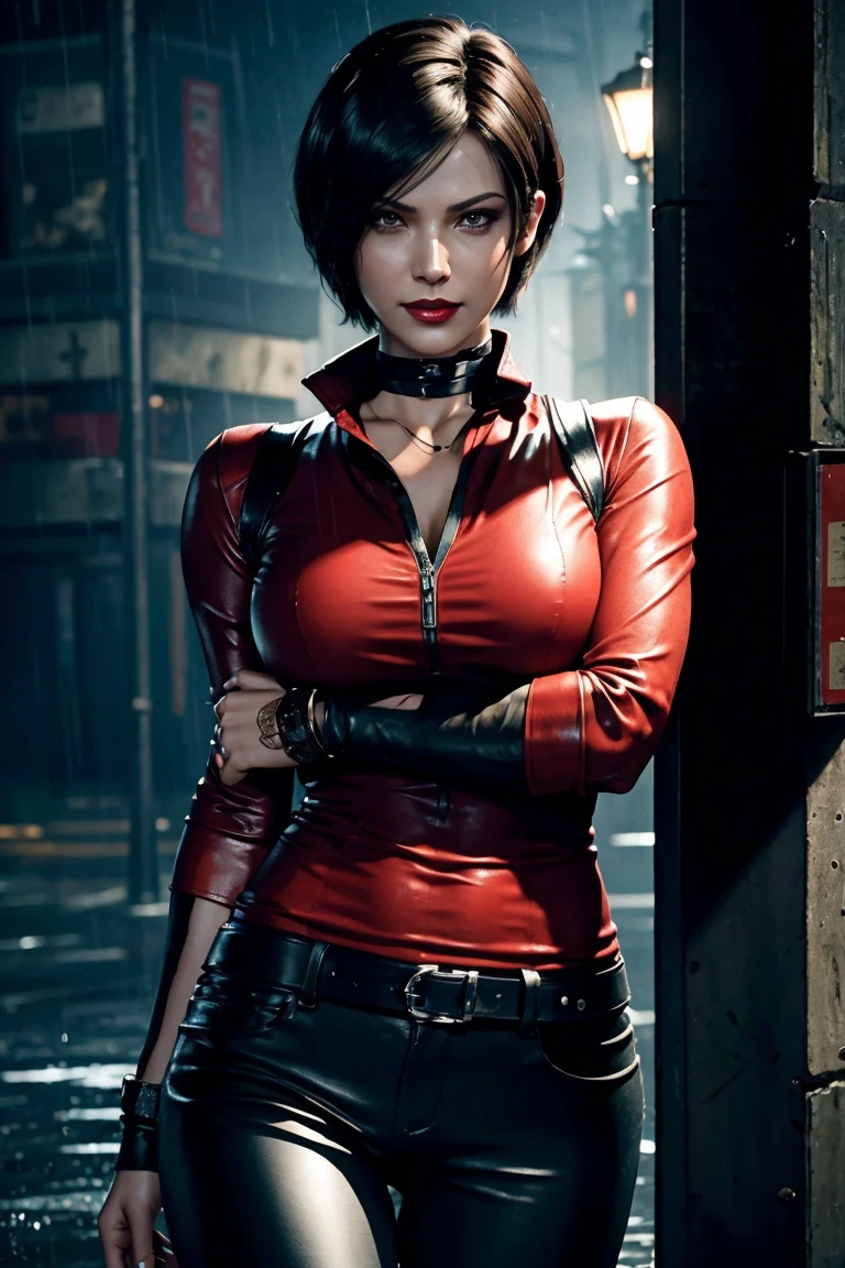 Resident Evil 6,Ada,Short Hair,Red Shirt,Stand up your collar,Black Leather Pants,Photorealistic,Ultra HD,high quality,masterpiece,Digital SLR,Detailed details,Intricate details,Anatomical basis,Depicted in detail,A detailed face,Realistic skin texture,Vivid details,Perfect Anatomy,Perfect Anatomy,Anatomically correct hand,Anatomically correct fingers,Super Detail,Complex 3D rendering,Sexy pose,Rainy Sky,Beautiful scenery,Fantastic rainy sky,Picturesque,Red Lip,smile,