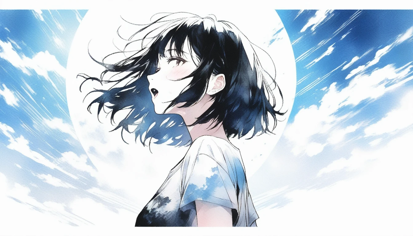 Illustrator, anime , Realistic ,sketch , Abstract sunshine background、Body、1 girl, ,Looking up at the sky, I scream、lip, 首にblackﾁｮｰｶｰWear, order, White gradient background, Kuro Hair,Short Bob、blackｔshirt、Textured Trim, Canadian, (masterpiece,Highest quality) Cancer