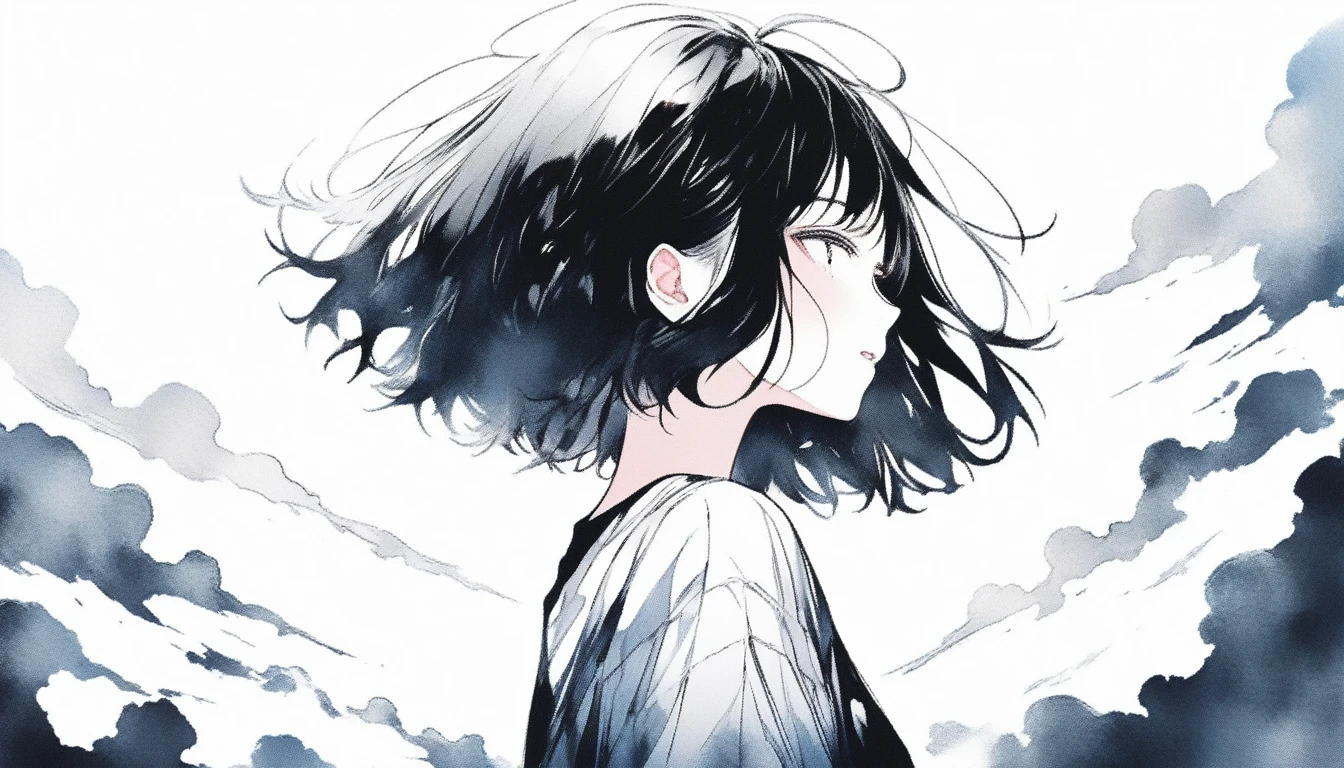 Illustrator, anime , Realistic ,sketch , Abstract sunshine background、Body、1 girl, ,Looking up at the sky, I scream、lip, 首にblackチョーカーWear, order, White gradient background, Kuro Hair,Short Bob、blacktshirt、Textured Trim, Canadian, (masterpiece,Highest quality) Cancer