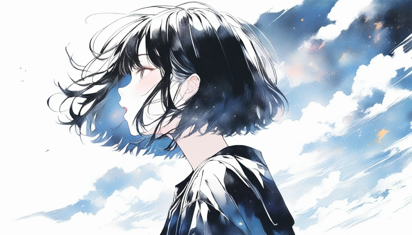 Illustrator, anime , Realistic ,sketch , Abstract sunshine background、Body、1 girl, ,Looking up at the sky, I scream、lip, 首にblackﾁｮｰｶｰWear, order, White gradient background, Kuro Hair,Short Bob、blackｔshirt、Textured Trim, Canadian, (masterpiece,Highest quality) Cancer