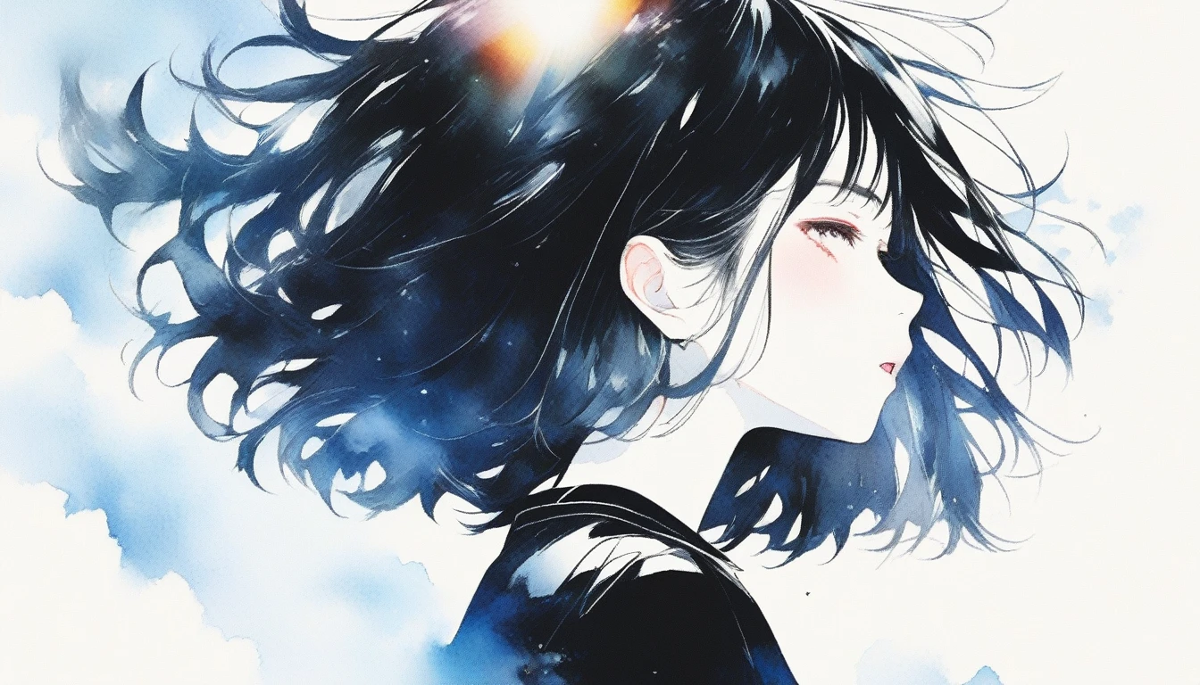 Illustrator, anime , Realistic ,sketch , Abstract sunshine background、Body、1 girl, ,Looking up at the sky, I scream、lip, 首にblackチョーカーWear, order, White gradient background, Kuro Hair,Short Bob、blacktshirt、Textured Trim, Canadian, (masterpiece,Highest quality) Cancer