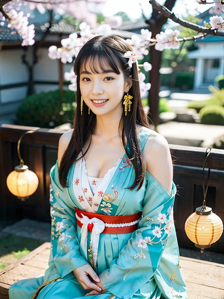 1 girl aged 25-30 years,Bright and beautiful demeanor, Long hair floats up,blown up, The sun shines brightly., Supports large, sexy breasts, flower garden, Antique kimono, dark green, dark red, black, dark blue,, Masterpiece, best quality, Highly detailed 16k, Take photos with a high quality camera 45,000,000 pixels