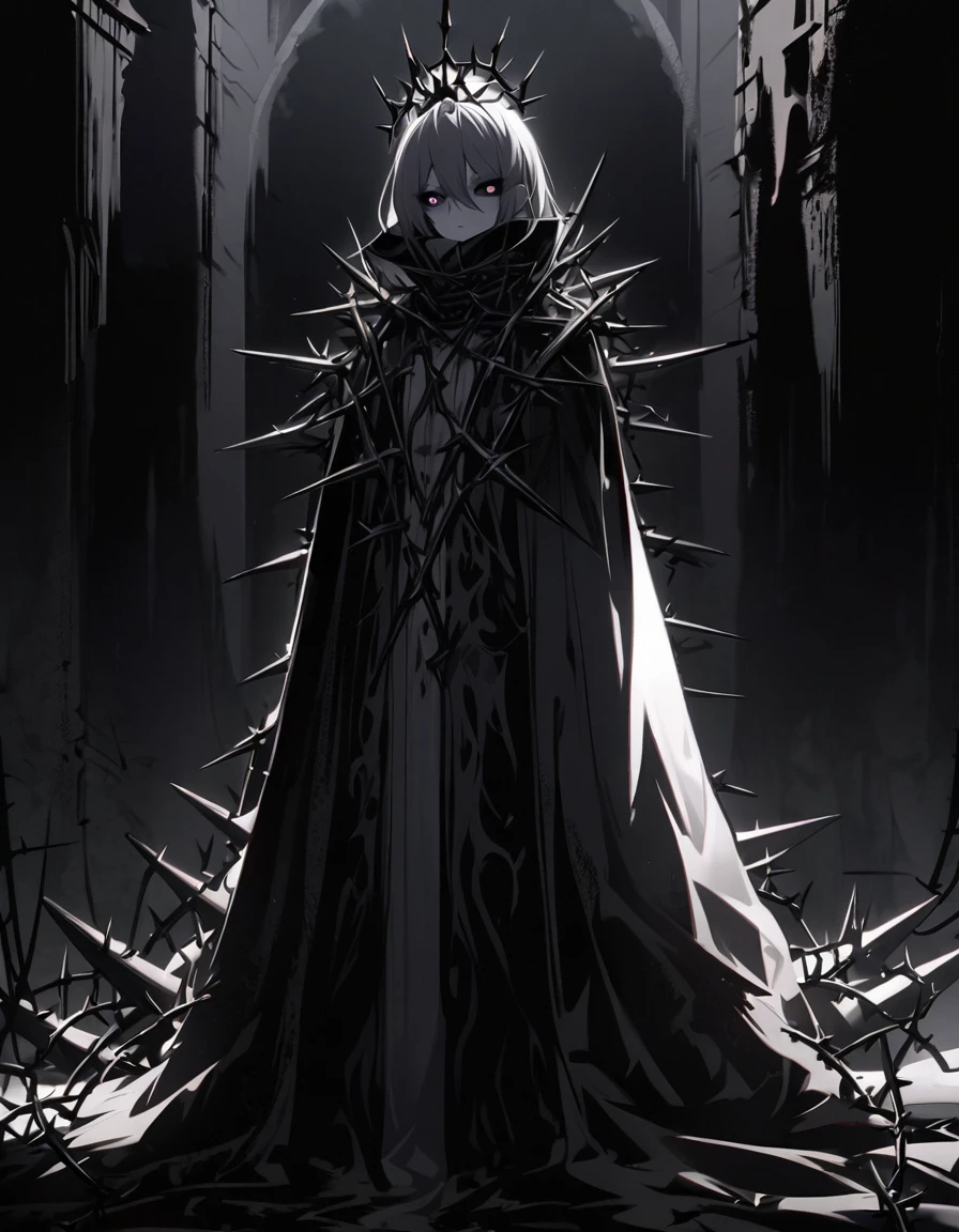 (dark art), gloomy girl, dark gray steel skin, gray eyes, gray sclera, (dark gray hair), crown of metallic thorns, long clothes, high collar, many steel thorns, cold lighting, (dark lighting), many shadows, cold lights