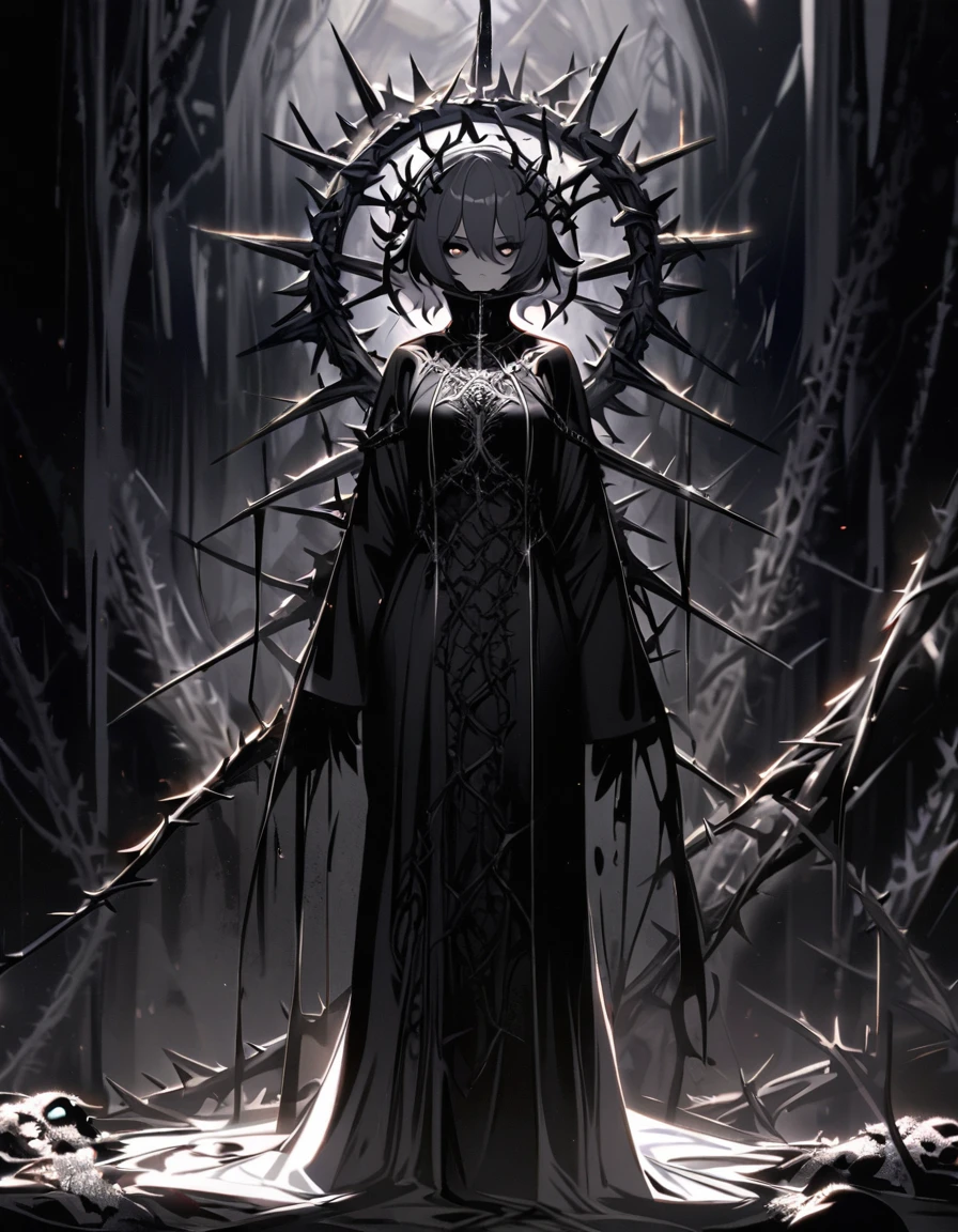 (dark art), gloomy girl, dark gray steel skin, gray eyes, gray sclera, (dark gray hair), crown of metallic thorns, long clothes, high collar, many steel thorns, cold lighting, (dark lighting), many shadows, cold lights