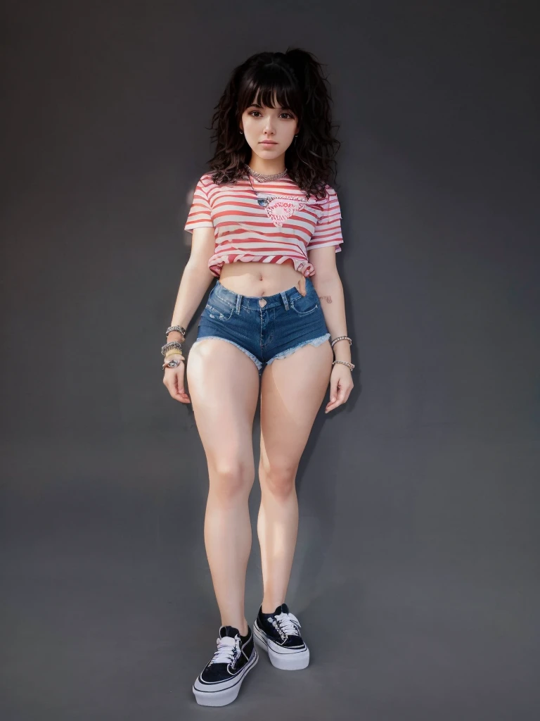 girl sexy realistic, fringe hair realistic, face sweet realistic wearing realistic t-shirt, realistic shorts denim, realistic ankle white socks, realistic vans shoes uses choker and bracelets realistic details.