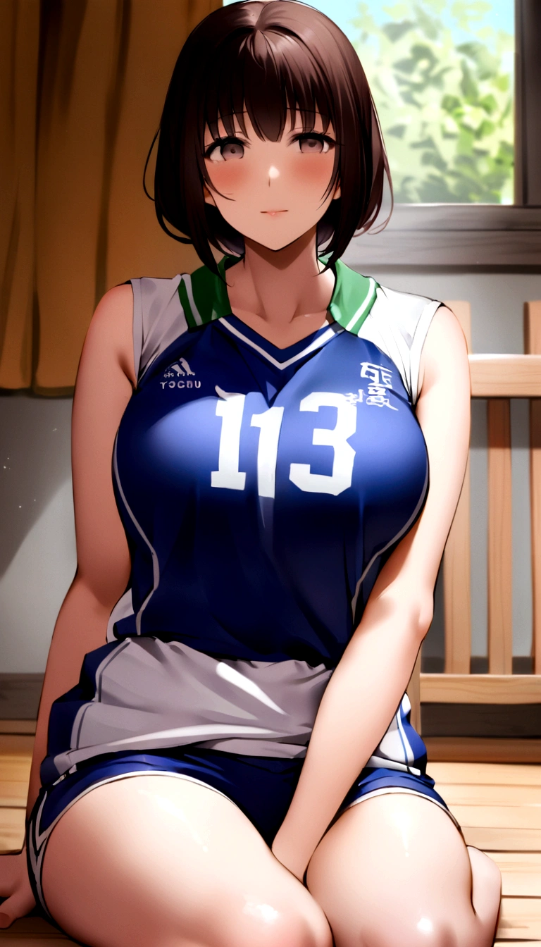 Arabian Asian woman wearing volleyball uniform sitting on wooden floor, Wearing a volleyball jersey, mayuri shiina, Chiho ashima, Nishimiya Shoko, Hyuuga Hinata, Chiho, Yoshitomo Nara, fubuki, For whom?, Wearing a basketball jersey, tsubasa hanekawa
