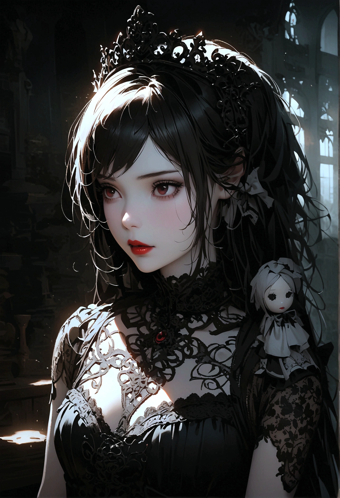 a gothic ta girl,pale skin,red lips,porcelain doll-like face,intricate black lace Evening Dress,ruffles,bows,high collar,long black hair,haunting gaze,dark fairy tale,dramatic lighting,moody atmosphere,cinematic,highly detailed,masterpiece,photorealistic