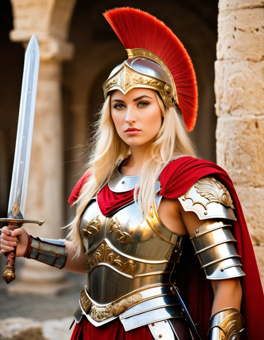 very attractive 25 year old girl with long platinum blonde hair, female warrior, a woman in a roman costume holding a sword and shield, dressed in spartan armour, lady in red armor, dressed in roman armour, greek goddess athena, roman goddess, dressed in roman clothes, traditional roman armor, beautiful female knight, beautiful female warrior, of a beautiful female knight, gorgeous woman, , gorgeous female paladin, very realistic