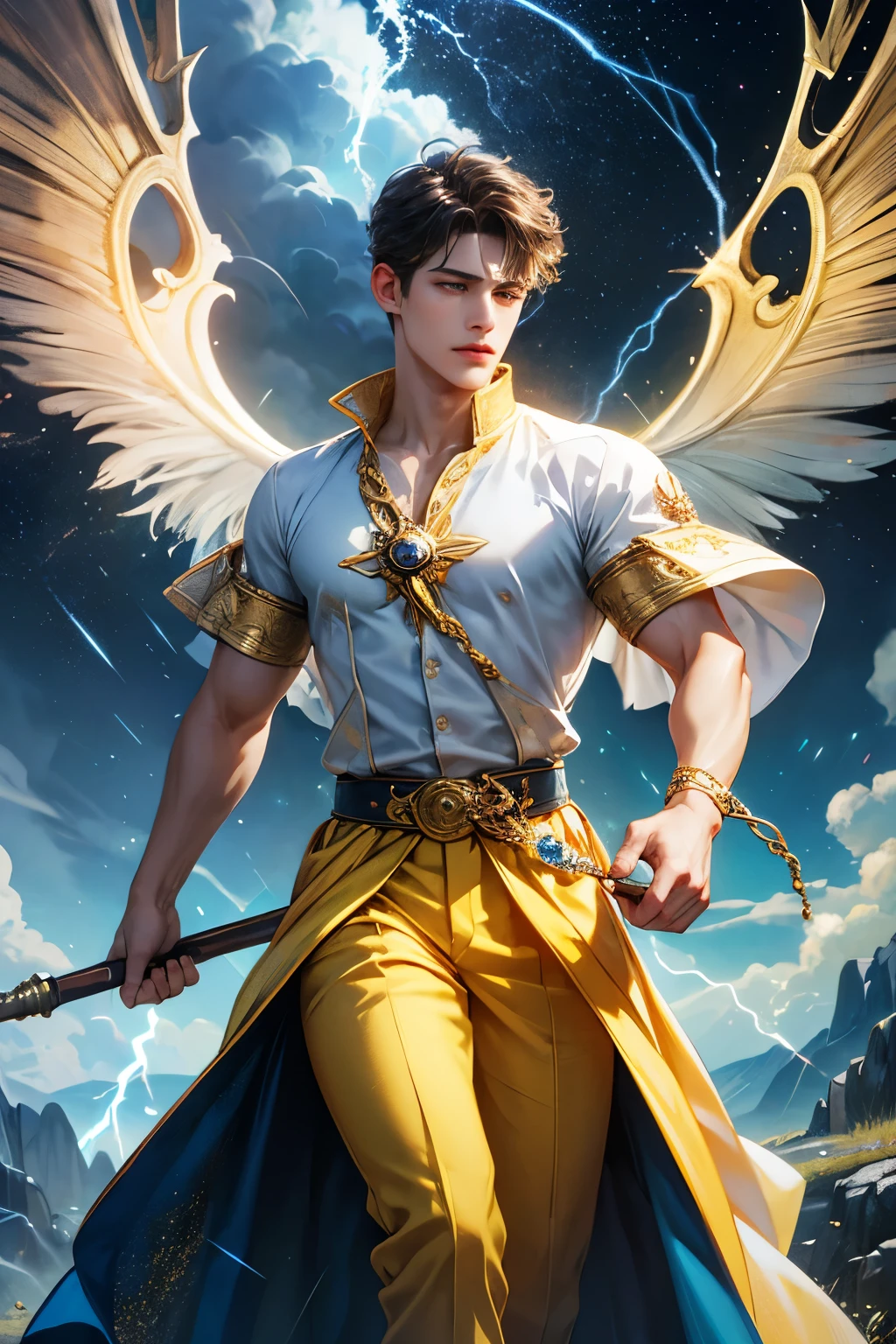 "Create an ultra-realistic image of a handsome, young male fairy, around , with magnificent large wings that capture the essence of the sky and thunder. He should be holding a magical staff that emanates the energy of the sky and crackling thunder. Dress him in an elegant, varied yellow outfit that reflects the brilliance and dynamism of the sky. Surround him with elements like swirling clouds and flashes of lightning to showcase his connection to these elements. Include a distinct sky or thunder symbol or design on his body, signifying his role as the keeper of the deep sky and thunder, and highlighting the powerful celestial energy he embodies within him."