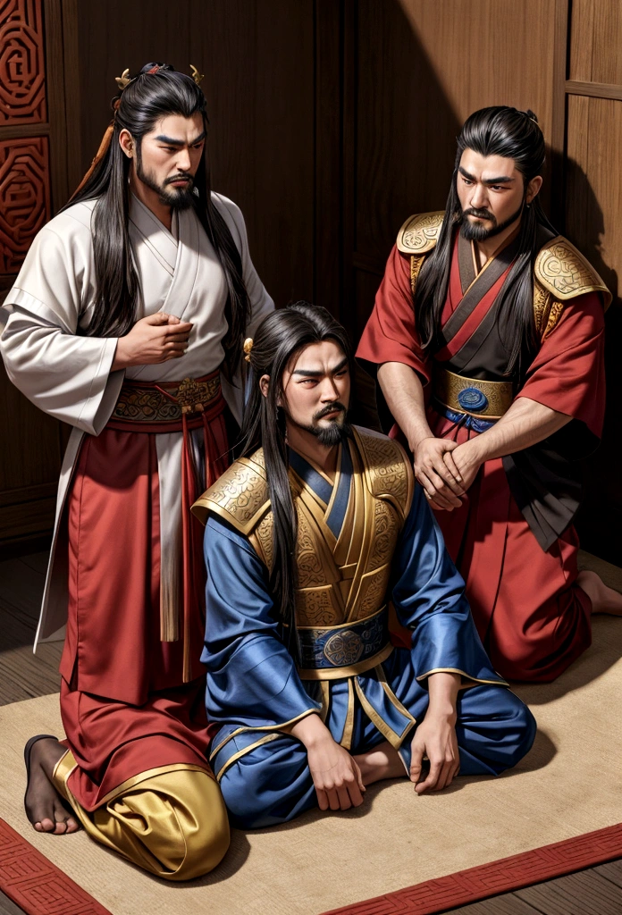 Three men in oriental costumes are sitting on the floor, from Three Kingdomss, chinese Three Kingdomss, Three Kingdomss, Three Kingdoms, inspired by Emperor Xuande, Historical drama, by Emperor Xuande, In-game cinematics, Soonsang Hong, Incredibly detailed scene, Inspired by Jojbai, Inspired by Lycan, Guan Yu, game CG, major art