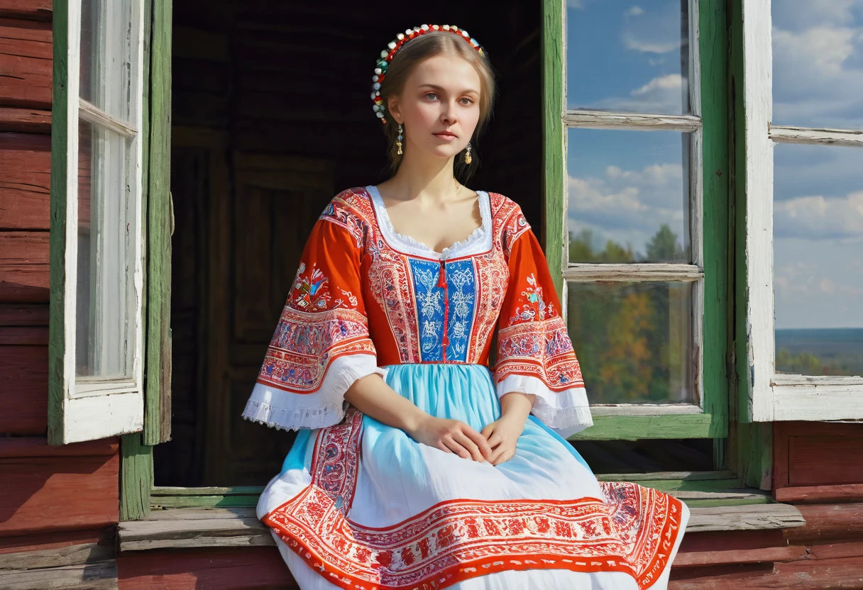 Arafed woman in a bright dress sitting by the window, traditional Russia, Slavic folk tale, Slavic style, Russian folk tale, Russian clothes, Beautiful image, embroidery, Russian costume, author Vladimir Borovikovsky, Russian style, Ukrainian girl, by Nikolai Yaroshenko, inspired by Konstantin Vasilyev, by Serhii Vasylkivsky