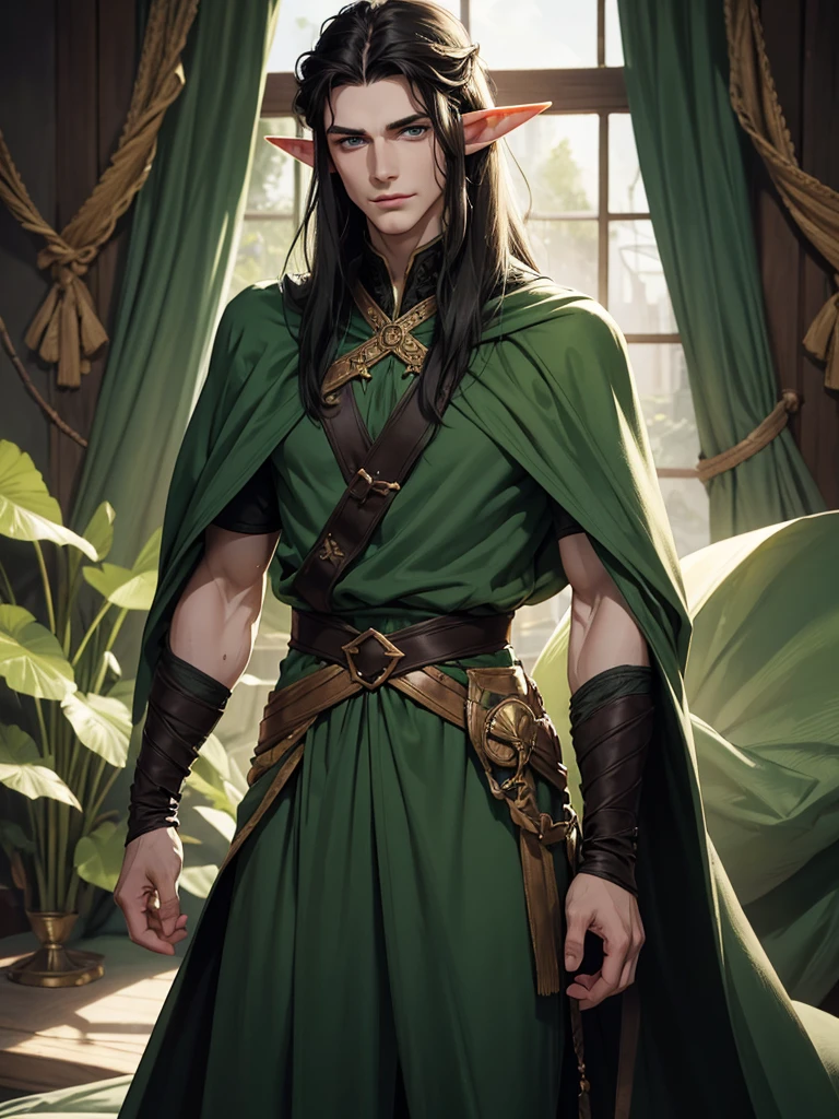 (best quality), 1boy, pale skin, black hair, medium hair, curtain hair, tousled hair, green eyes, perfect eyes, dark circles under eyes, tall, slender, handsome, strong jawline, lazy, light smile, attractive, (elf), pointed ears, fantasy clothes, masterpiece, anatomically correct, highres
#