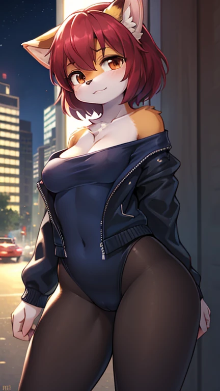 best quality, best resolution, (fluffy anthro furry), calico cat girl, maroon hair, short wavy hair, brown eyes, medium breast, (a low-cut sleeveless off shoulder black leotard, pantyhose, navy blue jacket), city