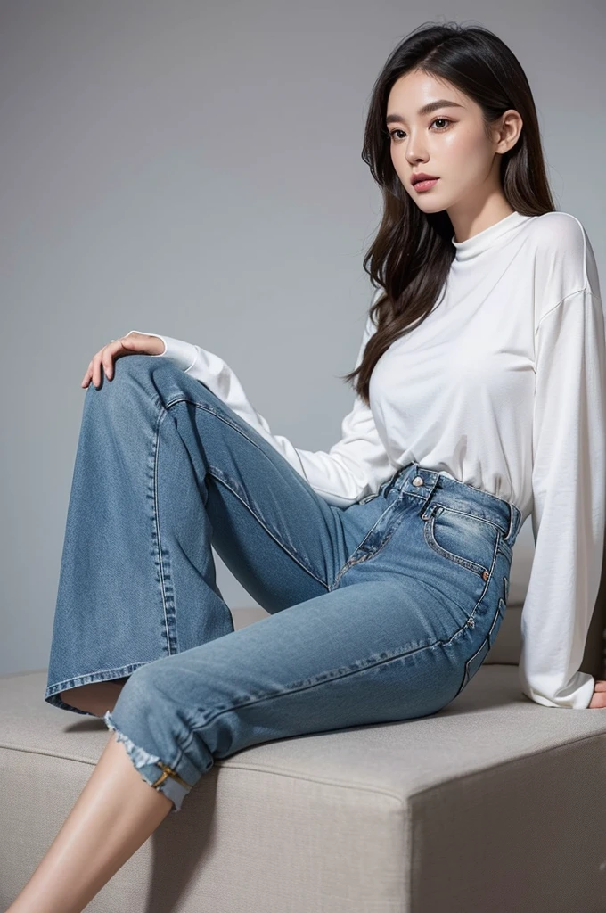 ((best quality)), ((masterpiece)), (detailed), Perfect face, show that person wearing flare jeans. If it's high-waisted flare jeans, show the whole body.!
Hey、High-waisted flared denim pants