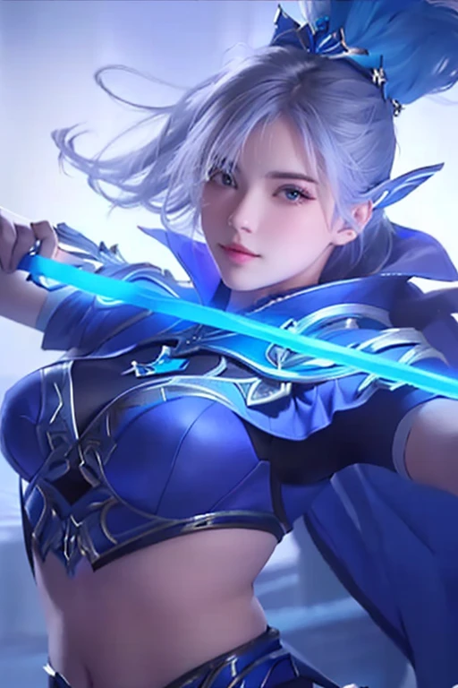 a woman in a blue outfit holding a sword and wearing a blue outfit, ig model | artgerm, extremely detailed artgerm, artgerm lau, trending artgerm, style artgerm, as seen on artgerm, artgerm style, style of artgerm, artgerm detailed, artgerm art