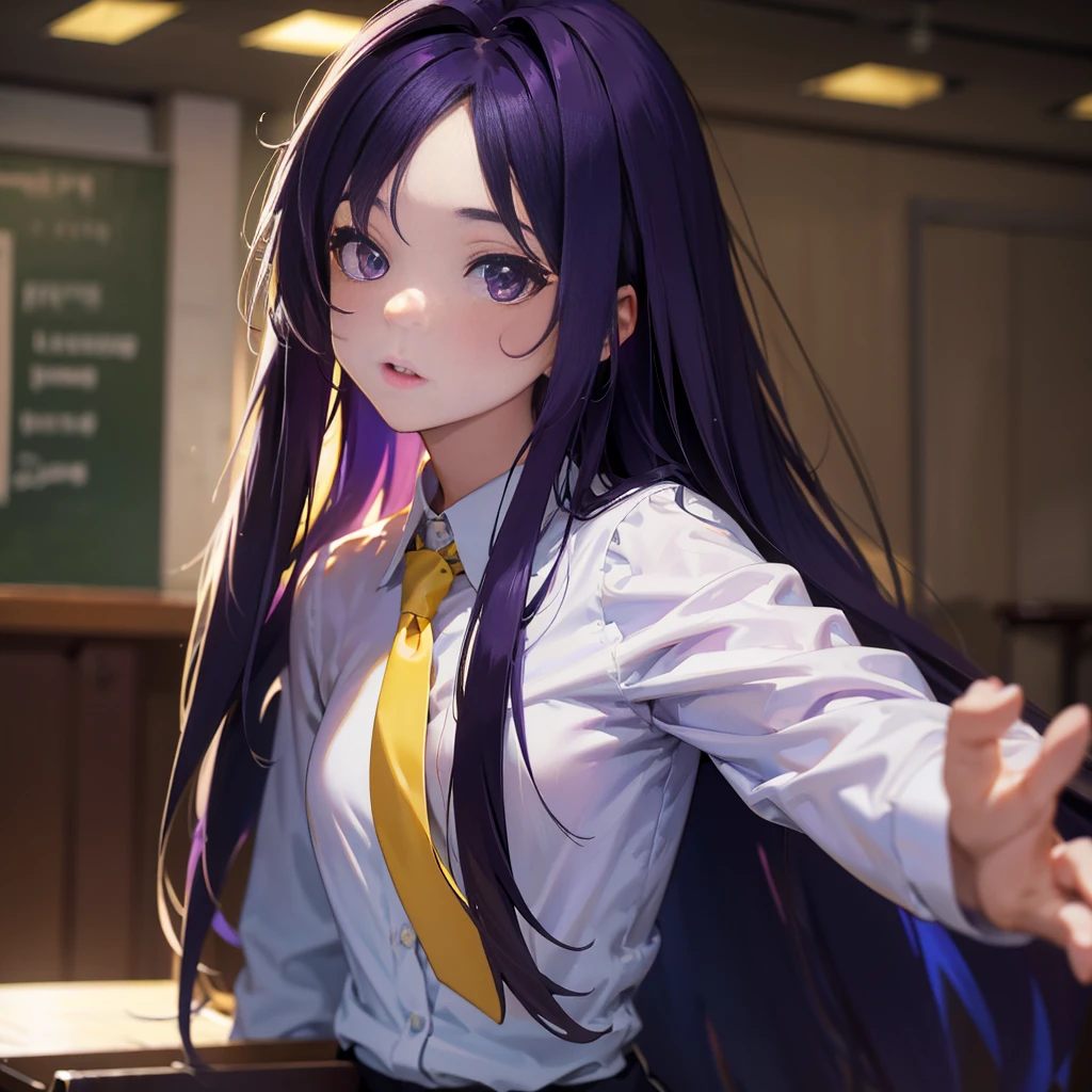 Best picture quality, 8K, high quality, masterpiece:1.2), ((masterpiece)), (great detail, high quality, best picture quality), bokeh, DOF, Portrait, open stance, purple hair long hair, in black, standing, round face, in white shirt with a yellow tie, singing in the classroom