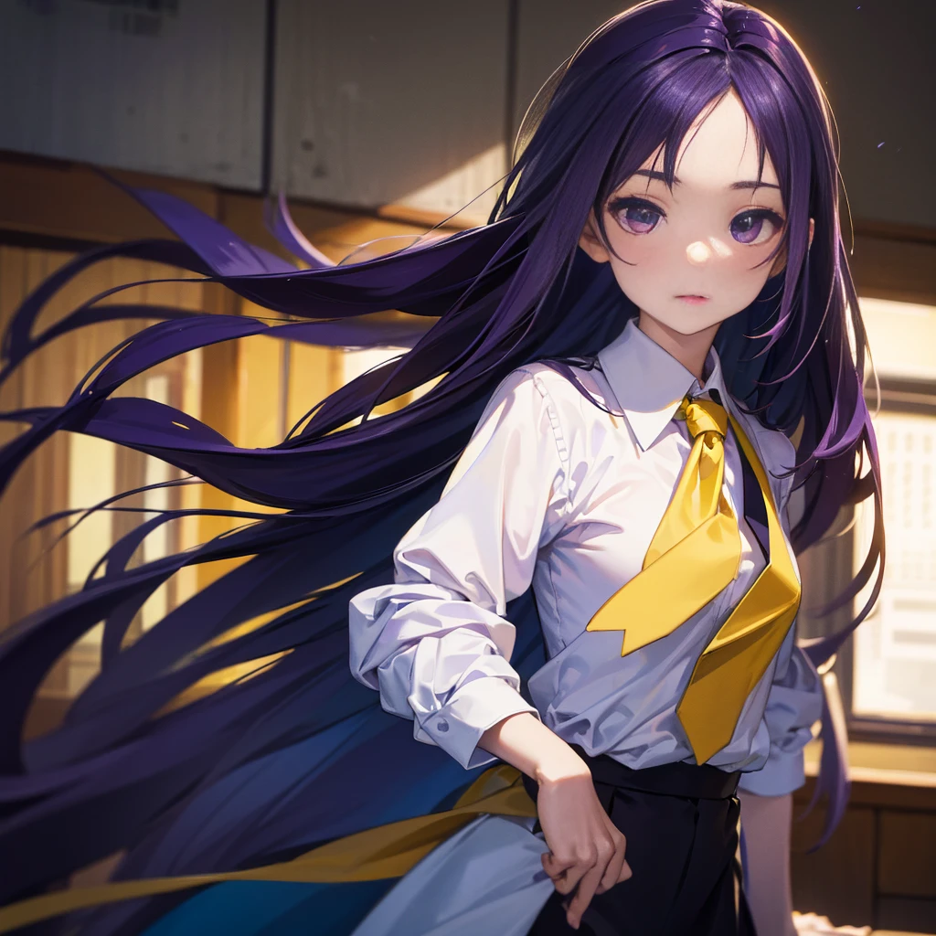 Best picture quality, 8K, high quality, masterpiece:1.2), ((masterpiece)), (great detail, high quality, best picture quality), bokeh, DOF, Portrait, open stance, purple hair long hair, in black, standing, round face, in white shirt with a yellow tie, singing in the classroom
