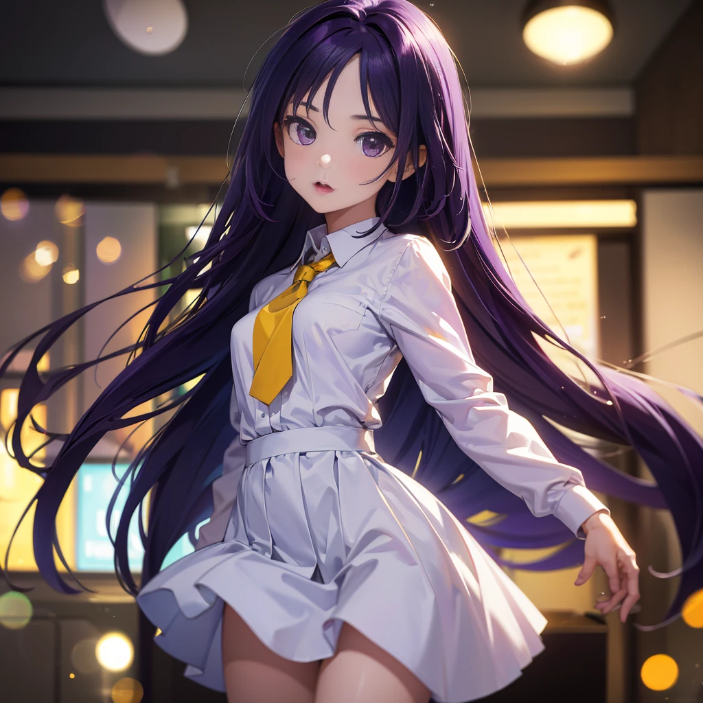 Best picture quality, 8K, high quality, masterpiece:1.2), ((masterpiece)), (great detail, high quality, best picture quality), bokeh, DOF, Portrait, open stance, purple hair long hair, in black, standing, round face, in white shirt with a yellow tie, singing in the classroom