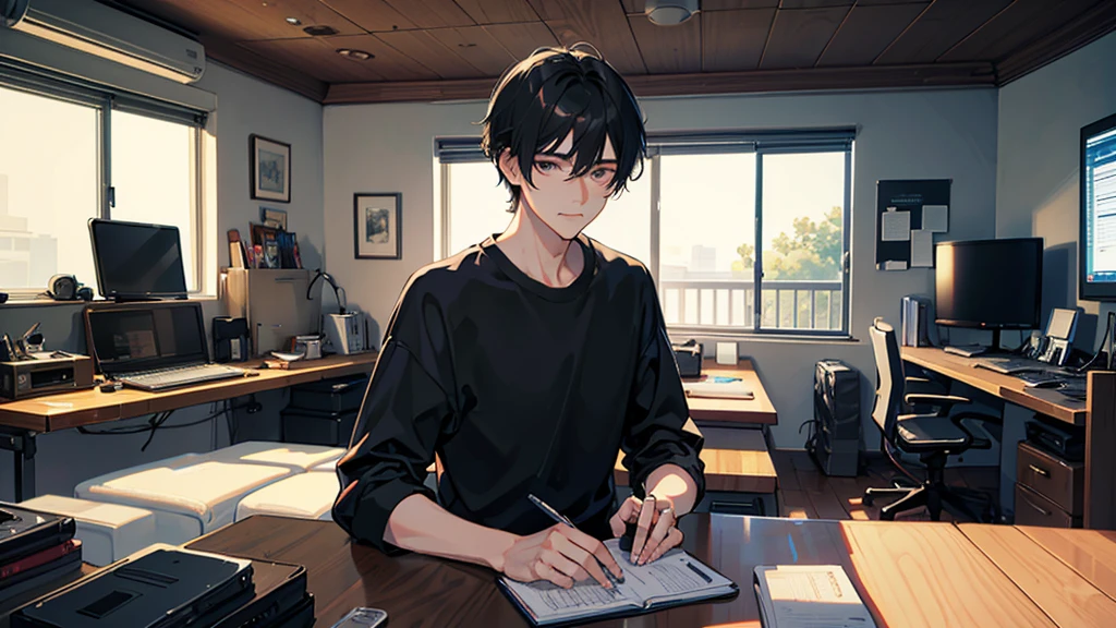 black haired man , Sitting in front of a modern computer and doing programming. , in a room with light , Game creation theme , slide