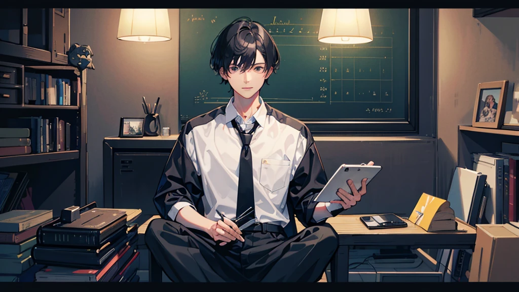 black haired man , Sitting in front of a modern computer and doing programming. , in a room with light , Game creation theme , slide