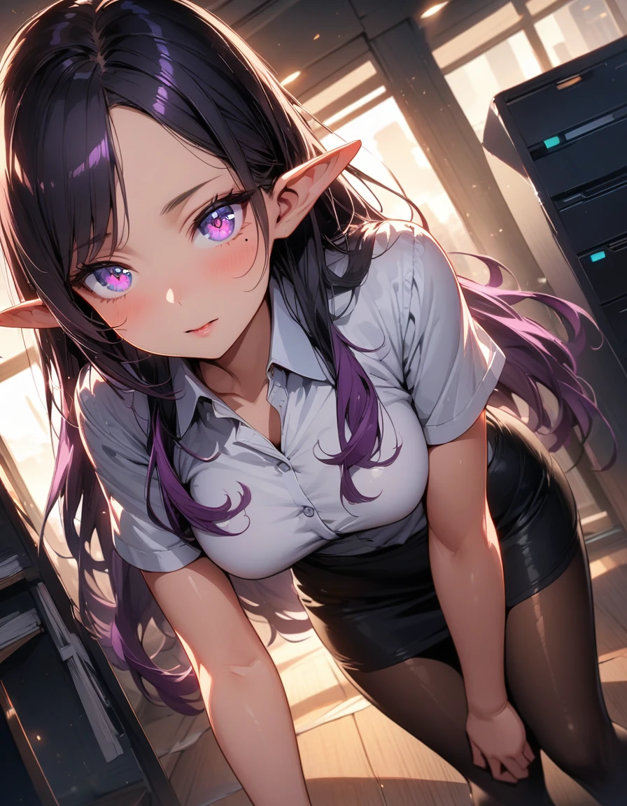 ((highest quality, best quality, masterpiece, ultra high definition, high dynamic range, ultra high resolution)), ((ultra-detailed illustrations:1.2)), 1 girl, solo, anime style, dynamic lighting, dynamic angle, looking at viewer, indoor, office, (beautiful detailed face, beautiful detailed skin, shiny skin, mole under the eyes, pointed ears, mid-chest), (beautiful detailed hair, parted bangs, long hair, black hair, dark purple hair, multi colored hair), (beautiful detailed eyes, beautiful detailed pupils, violet eyes), (white shirt, collared shirt, short sleeves, black mini skirt, pantyhose)