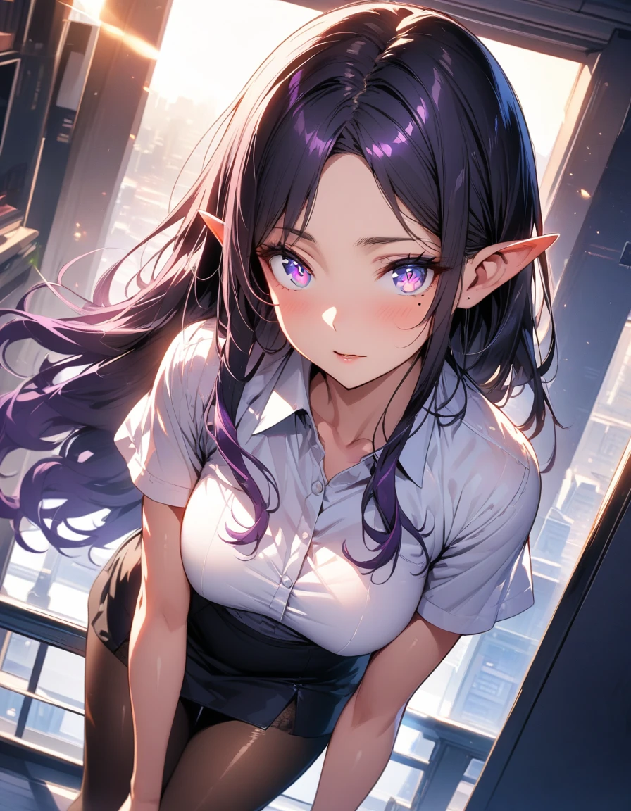 ((highest quality, best quality, masterpiece, ultra high definition, high dynamic range, ultra high resolution)), ((ultra-detailed illustrations:1.2)), 1 girl, solo, anime style, dynamic lighting, dynamic angle, looking at viewer, indoor, office, (beautiful detailed face, beautiful detailed skin, shiny skin, pointed ears, mole under the eyes, mid-chest), (beautiful detailed hair, parted bangs, long hair, black hair, dark purple hair, multi colored hair), (beautiful detailed eyes, beautiful detailed pupils, violet eyes), (white shirt, collared shirt, short sleeves, black mini skirt, pantyhose)