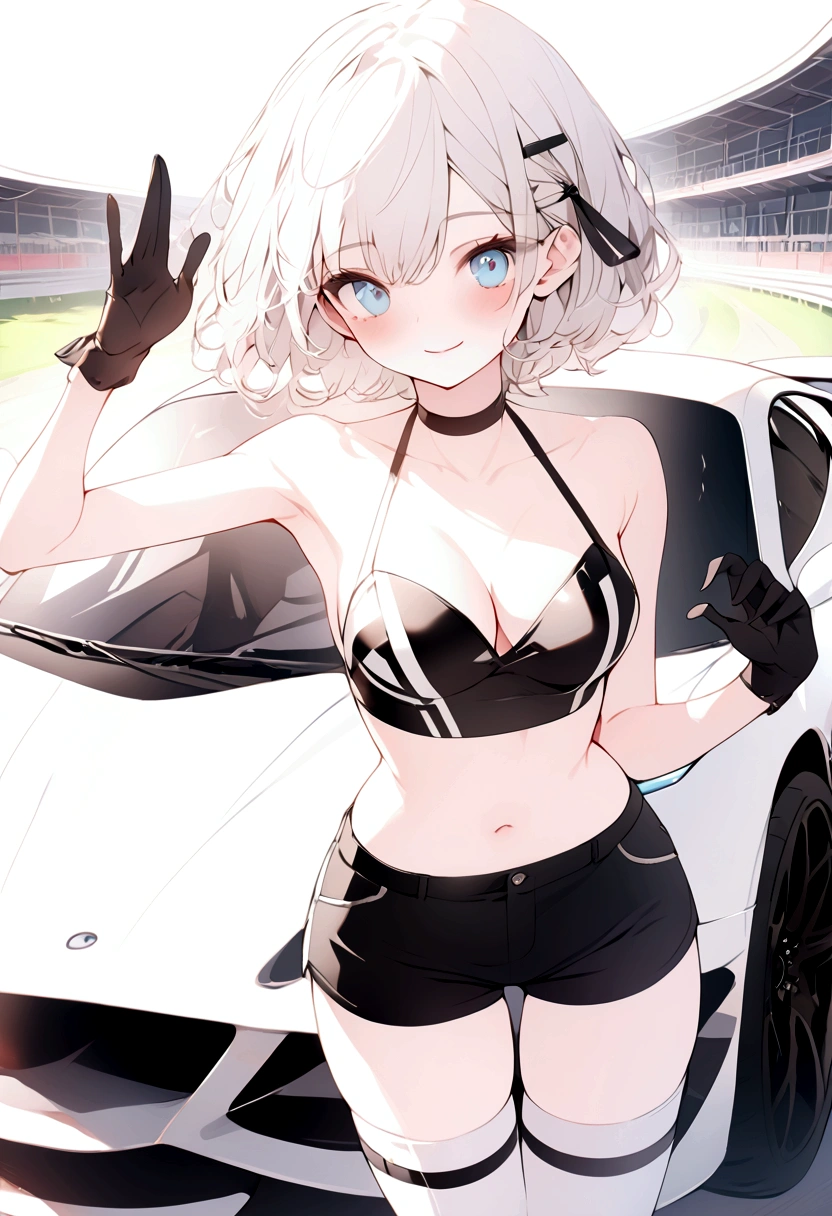 beautiful, masterpiece, Highest quality, anime, One girl, C Cup,Portrait Shot, View your viewers, Covered、Short Hair、nearby、Blue Eyes、art、、White hair,black streaked hair、wallpaper、hairpin、Cute smile、Thighs、navel、Black and White_Open race queen、Black and White_Gloves、Black and White_Knee-high boots、Shooting from an angle、Wave one hand、Cute、Shorts、Racetrack、Supercar