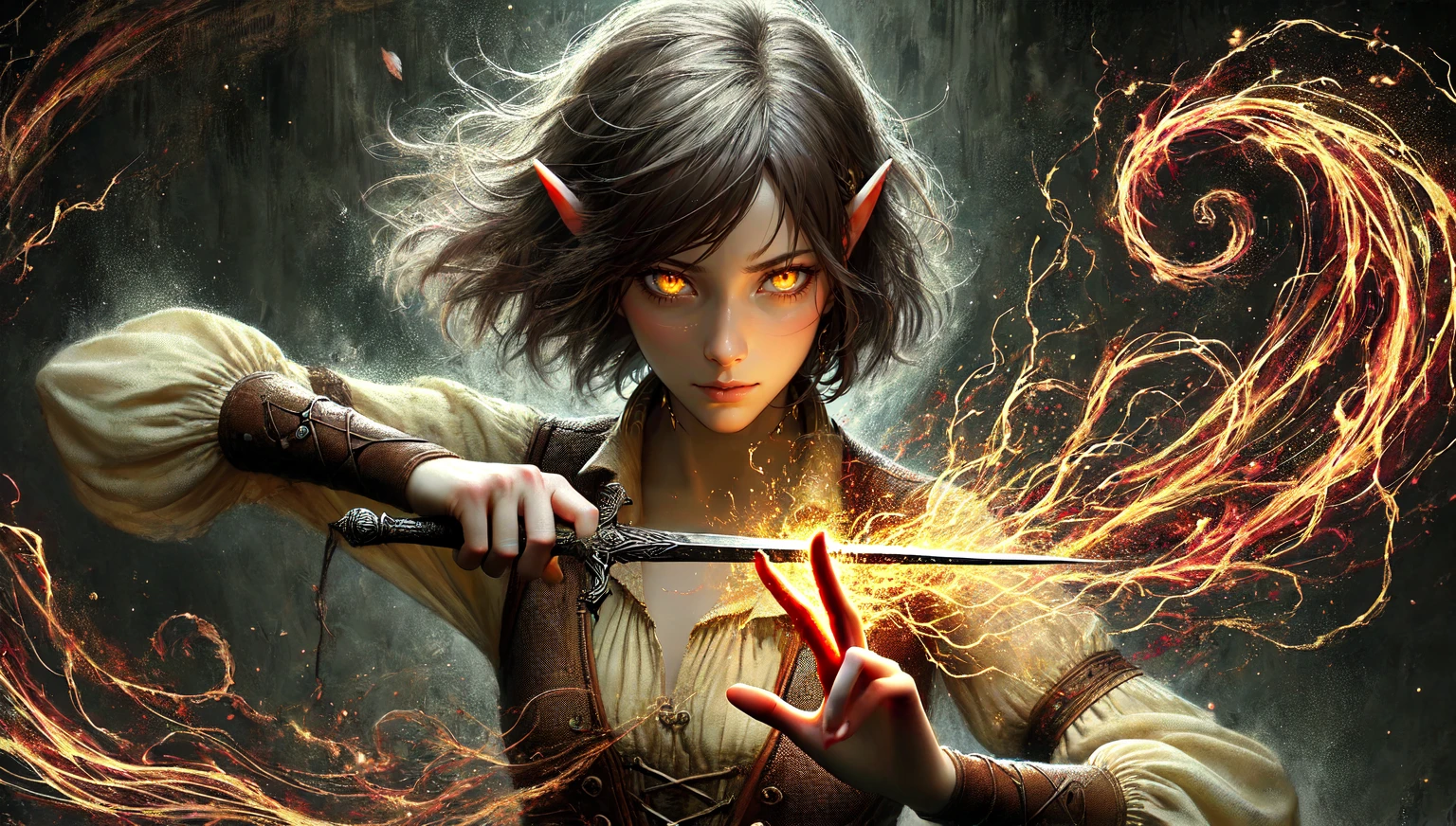A high-resolution wide-format digital painting of Aletta, a young adult half-elf chaos mage, caught in a moment of unleashing her powers. As she deeply cuts her hand on a two-handed sword, her blood explosively transforms into chaotic, swirling energy. She has a build, bob-cut brown hair streaked with grey, elven ears, and ((eyes glowing with fierce yellow light)). Her expression is one of intense concentration and determination. She wears a beige blouse and a brown corset vest. The scene is imbued with a dark, ominous energy, emphasizing the raw power and uncontrollable nature of her chaos magic