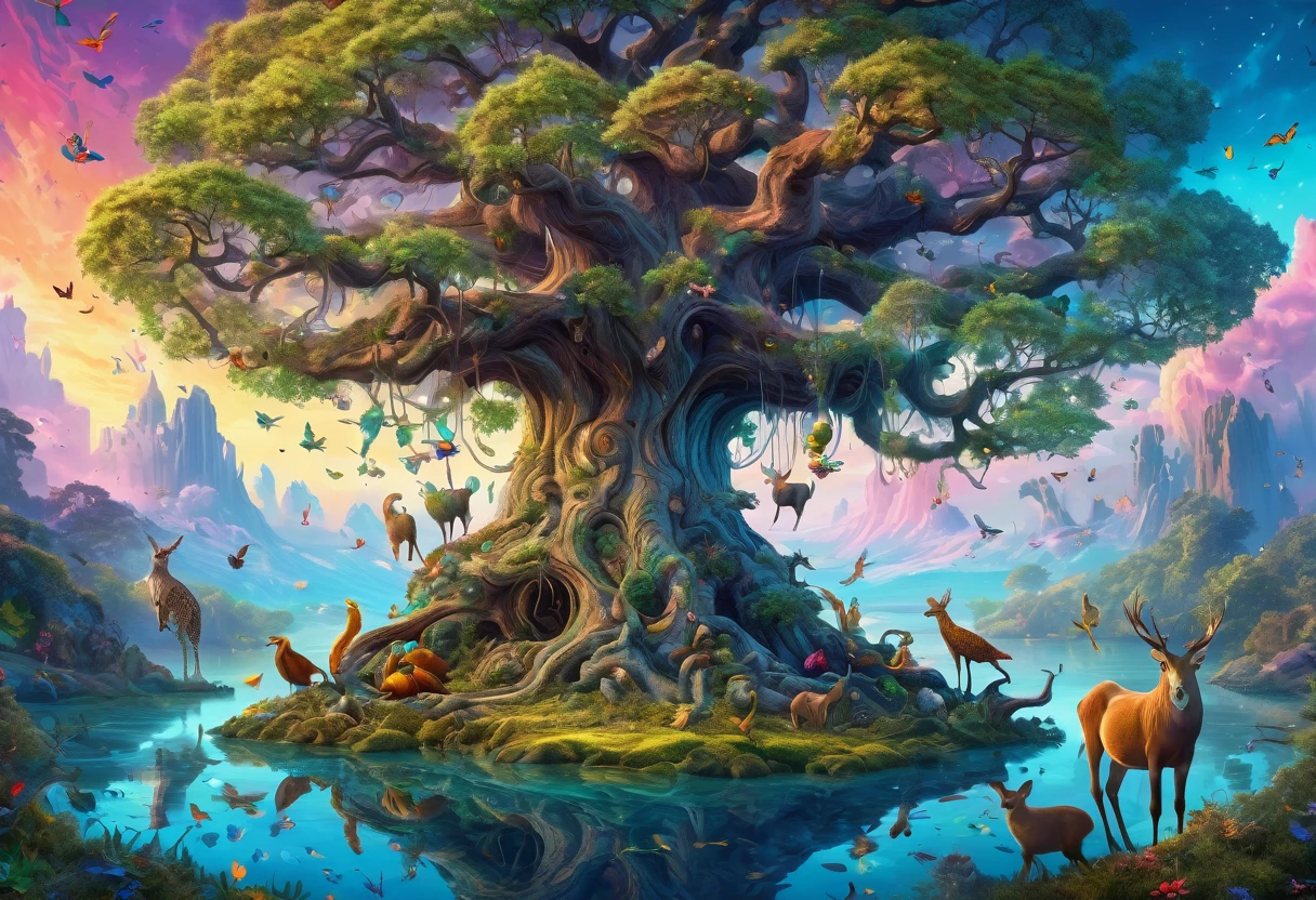 A picture of a tree with many animals, Digital art inspired by Cyril Rolland, Trending on Art Station, Fantasy art, Fantasy Tree, Magic Tree, Magic Tree, large Magic Trees, whimsical fantasy landscape art, Psychedelic Surreal Art, Detailed fantasy digital art, Fantasy Paintings HD, Magic fantasy highly detailed, Spectacular surrealism 8k oil painting, colorfull digital Fantasy art