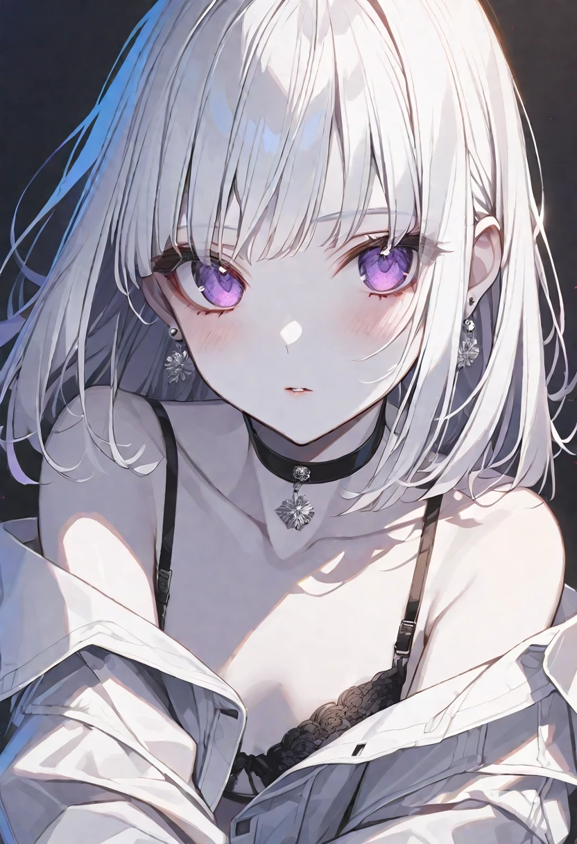 solo, handsome, 
1. Female,
Hime cut,Straight Hair,Bob Hair, 
White hair, 
Nakano Yotsuba,
purple Eyes,Soft look,beautiful,beautiful,Sexy,Darkness,Lots of silver earrings,choker,
White Off Shoulder,White Distressed jeans,Bra,
White skin,
black  background,