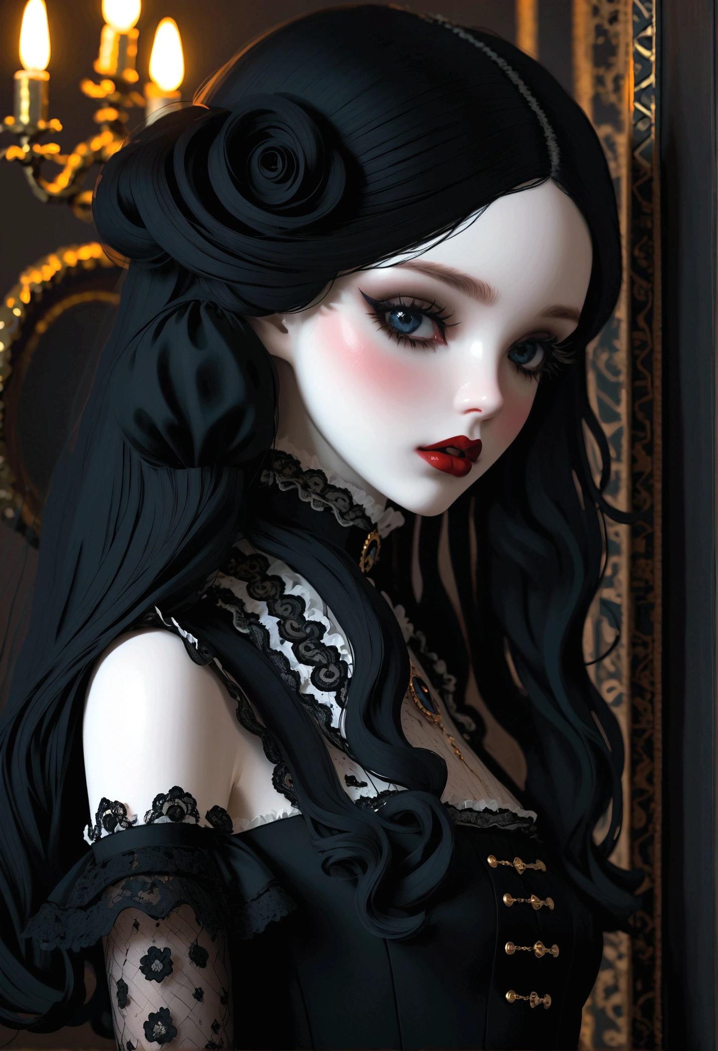 a gothic lolita girl,pale skin,red lips,porcelain doll-like face,intricate black lace Evening Dress,whole body,ruffles,bows,high collar,long black hair,haunting gaze,dark fairy tale,dramatic lighting,moody atmosphere,cinematic,highly detailed,masterpiece,photorealistic