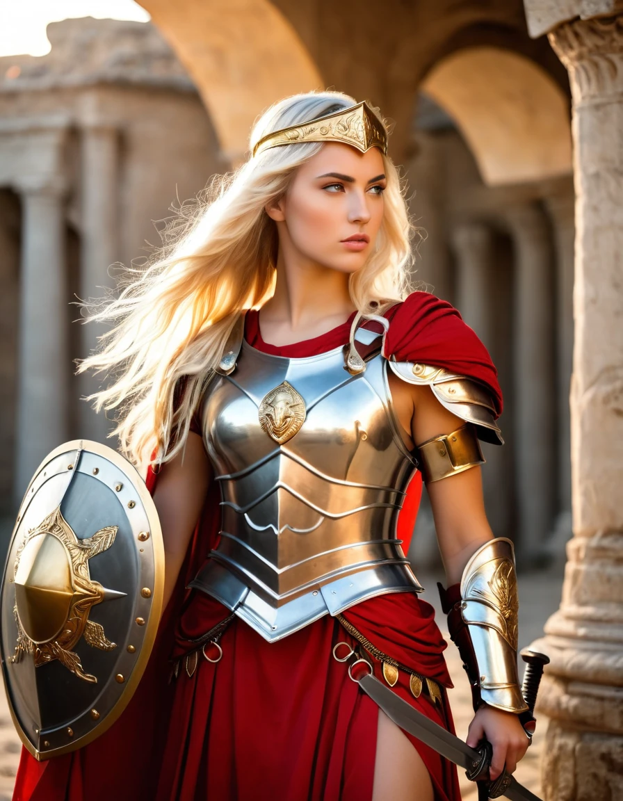 very attractive 25 year old girl with long platinum blonde hair, female warrior, a woman in a roman costume holding a sword and shield, dressed in spartan armour, lady in red armor, dressed in roman armour, greek goddess athena, roman goddess, dressed in roman clothes, traditional roman armor, beautiful female knight, beautiful female warrior, of a beautiful female knight, gorgeous woman, , gorgeous female paladin, very realistic