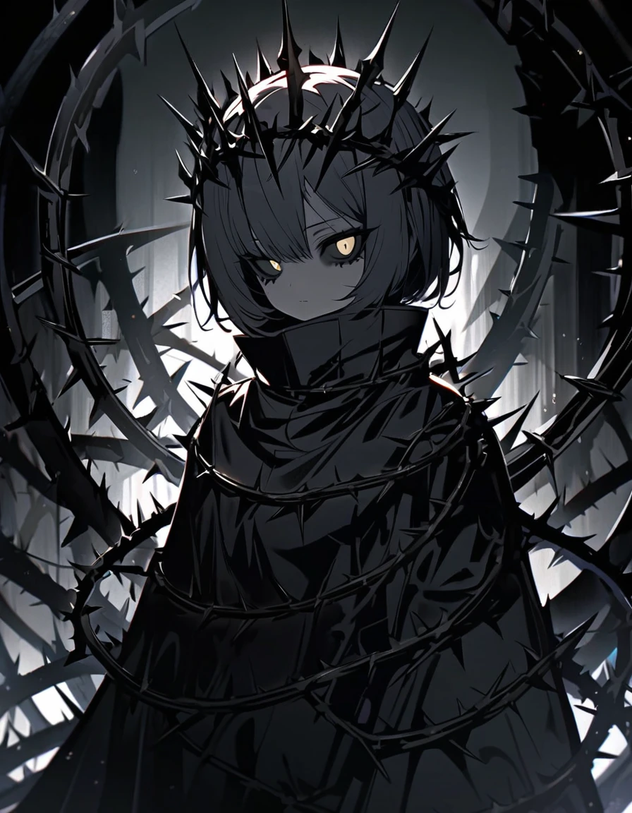 (dark art), gloomy girl, dark gray steel skin, gray eyes, gray sclera, (dark gray hair), crown of metallic thorns, closed clothing, high collar, many steel thorns, cold lighting, (dark lighting), many shadows, cold lights