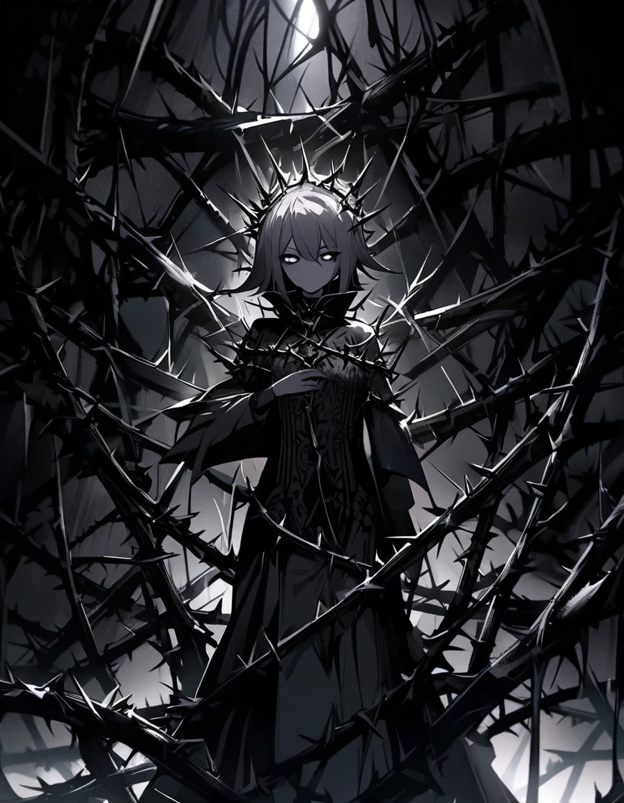 (dark art), gloomy girl, dark gray steel skin, gray eyes, gray sclera, (dark gray hair), crown of metallic thorns, closed clothing, high collar, many steel thorns, cold lighting, (dark lighting), many shadows, cold lights