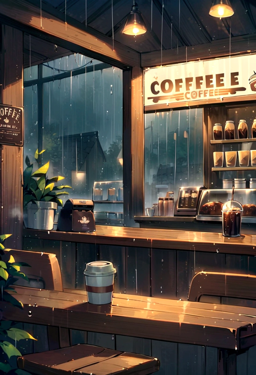 Coffe shop, rain, best quality, masterpiece