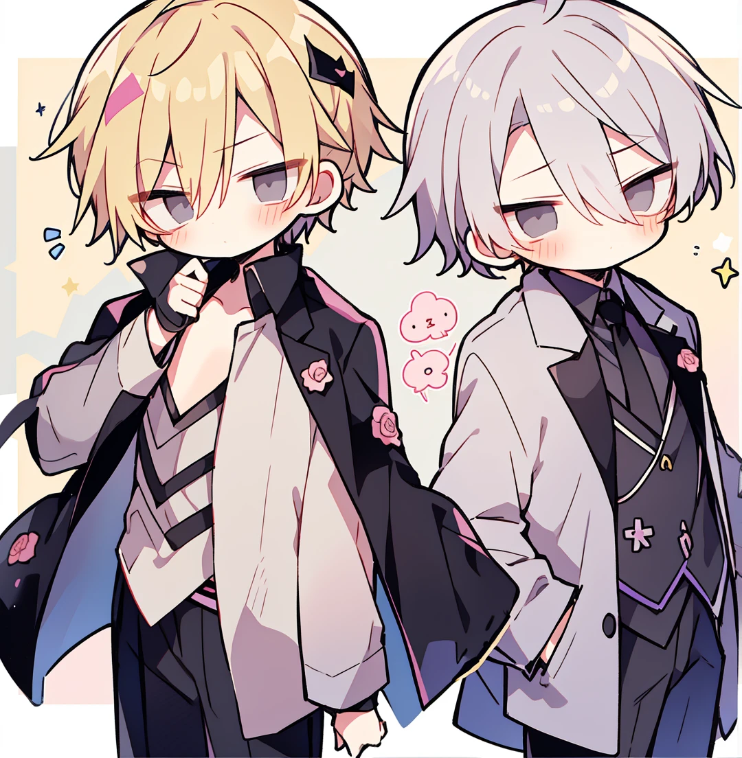 chibi 2boys pastel colors gradient flat chest yaoi gay boys love gothic rose blonde silver hair gray eyes black eyes aesthetic angry