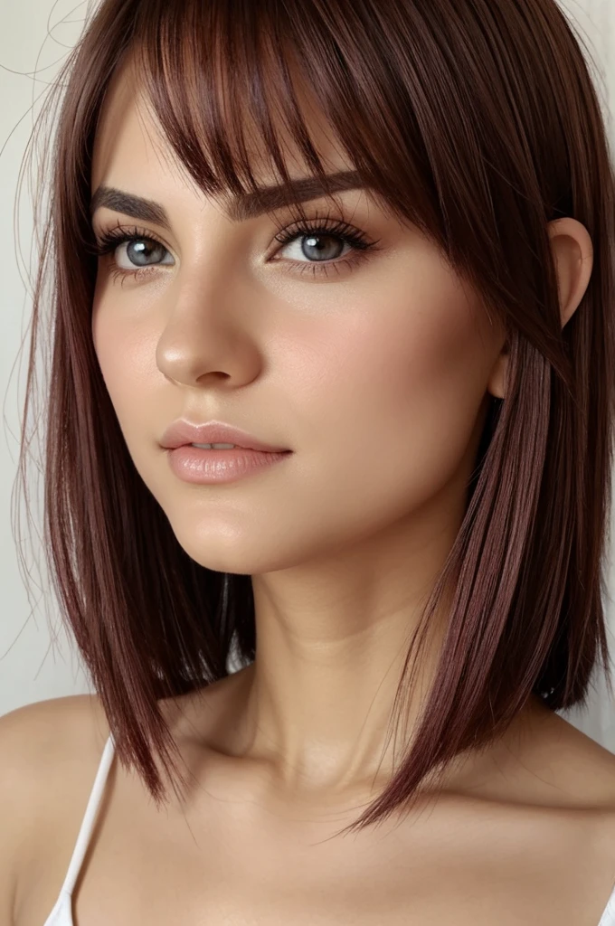 Chica realista, blanca, pelo corto brillante, ojos morados, heart pupil, dulce