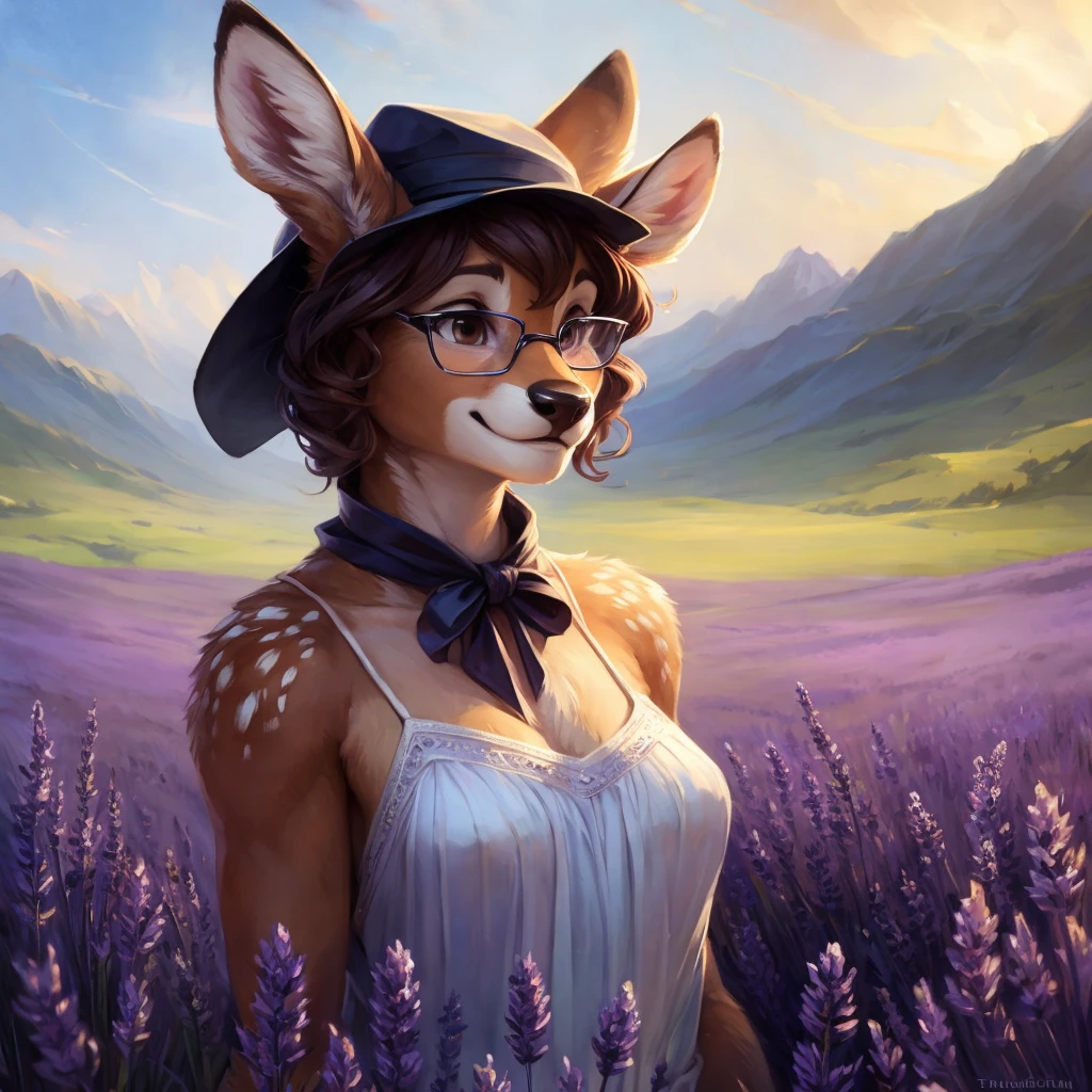 uploaded on e621, watercolor look, by Pixelsketcher, by Bayard Wu, by Thomas Benjamin Kennington , by Einshelm, by hioshiru and kenket, Chunie, portrait, solo anthro female deer doe, with small featureless breasts, clear dark blue, cinematic lighting, day, sunny day, lavender field, stays in a lavender field, lavender field background, mediterranean background, horizon background, shiny, short curly dark brown hair, wears big black nerd glasses, very very beautiful furry art, furry art, smiling, joyful, shiny, happy, feminine, cute face, muzzle, fluffy chest, flawless face, Fallow deer, 1girl, Sakimichan is beautiful, Masterpiece, Wavethesallow Face, shiny, Detailed image, portrait, Detailed image, portrait, full body, wears pure white spaghetti straps dress, wears a black hat bandana headscarf, wears a black bow around the neck, shiny, realistic face, perfect anatomy, hourglass body, (furry body:1.1), anthropomorphic deer, looks at the viewer, small fluffy tail, detailed background, (cute anatomy:1.1), stands in a lavender field