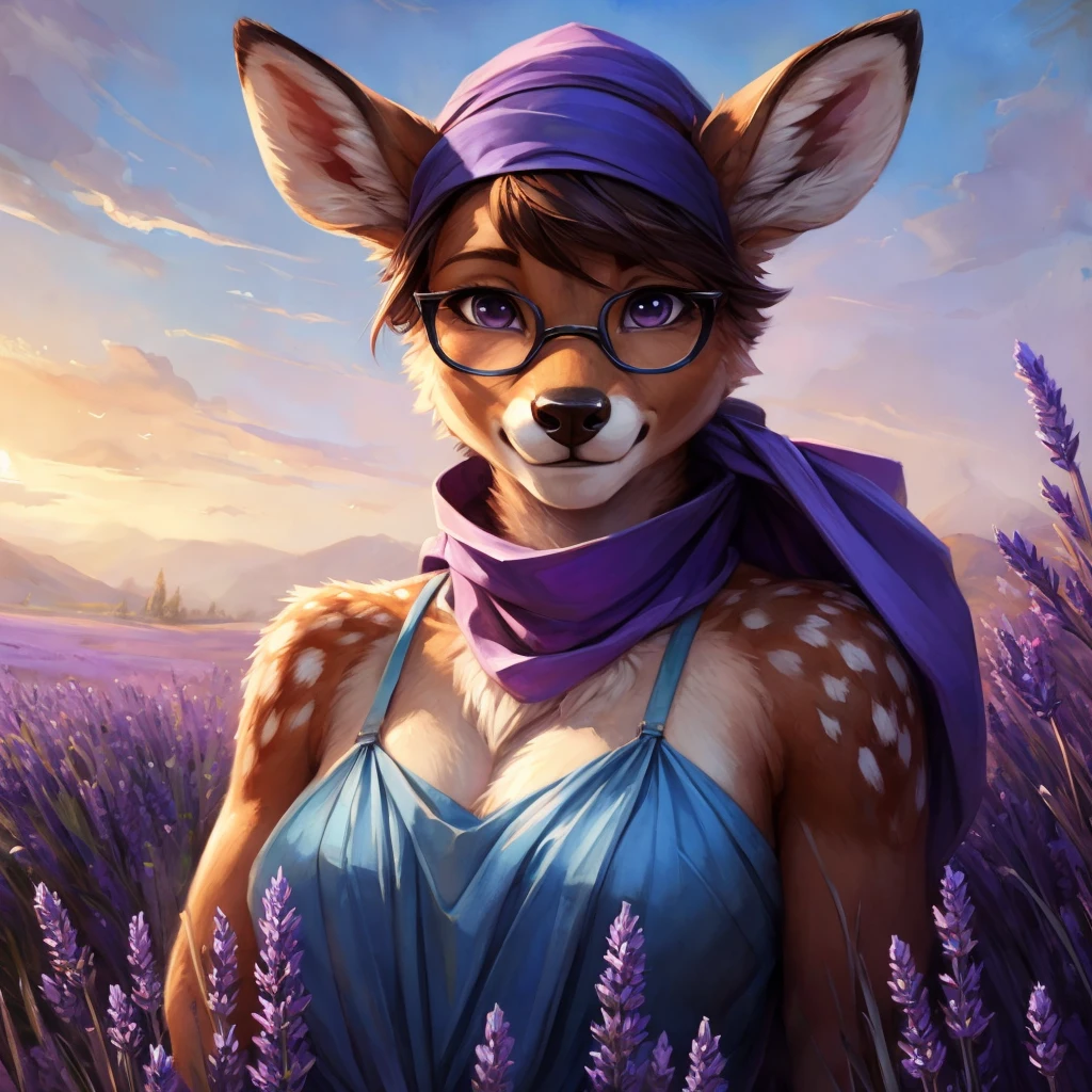 uploaded on e621, watercolor look, by Pixelsketcher, by Bayard Wu, by Thomas Benjamin Kennington , by Einshelm, by hioshiru and kenket, Chunie, portrait, solo anthro female deer doe, with small featureless breasts, clear dark blue, cinematic lighting, day, sunny day, lavender field, stays in a wildflowers field, wildflowers field background, mediterranean background, horizon background, shiny, short curly dark brown hair, wears big black nerd glasses, very very beautiful furry art, furry art, smiling, joyful, shiny, happy, feminine, cute face, muzzle, fluffy chest, flawless face, Fallow deer, 1girl, Sakimichan is beautiful, Masterpiece, Wavethesallow Face, shiny, Detailed image, portrait, Detailed image, portrait, full body, wears pure white short spaghetti straps dress, wears a wildflowers crown, shiny, realistic face, perfect anatomy, hourglass body, (furry body:1.1), anthropomorphic deer, looks at the viewer, small fluffy tail, detailed background, (cute anatomy:1.1), stands in a wildflowers field